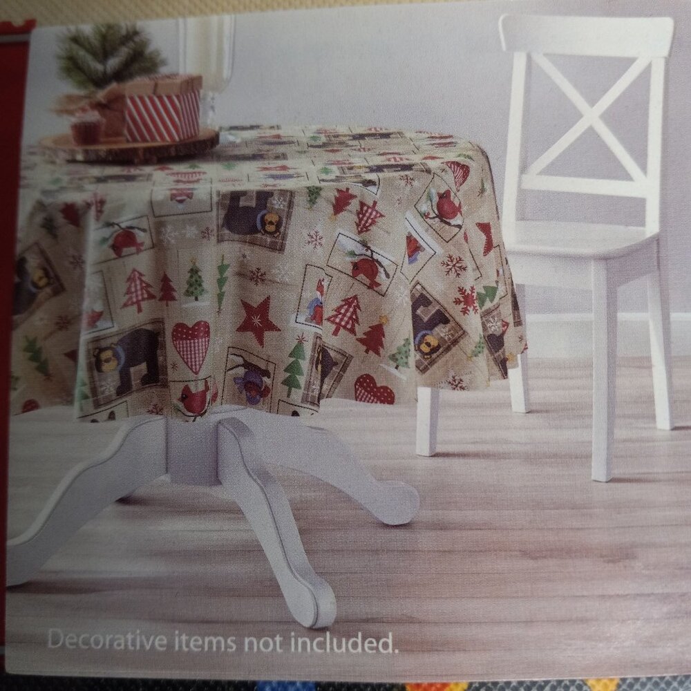 Holiday Time Vinyl Tablecloth Round 70" Christmas Print Bears Cardinals Fox NEW